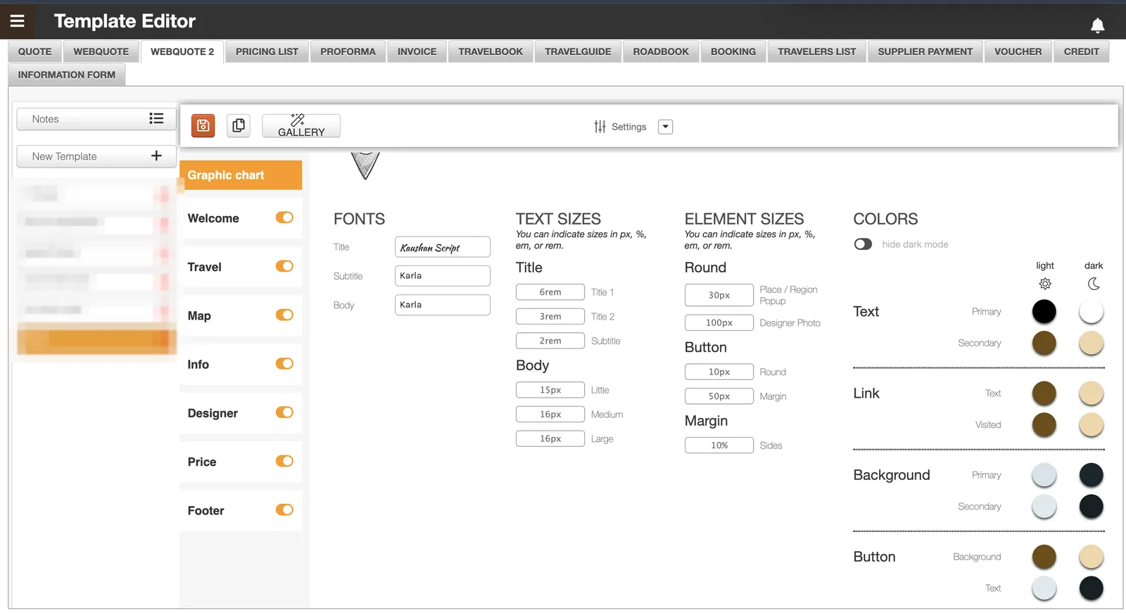 TOOGO’s Template Editor “Graphic chart” panel: fonts, sizes, colours in light and dark mode, activatable content blocks.