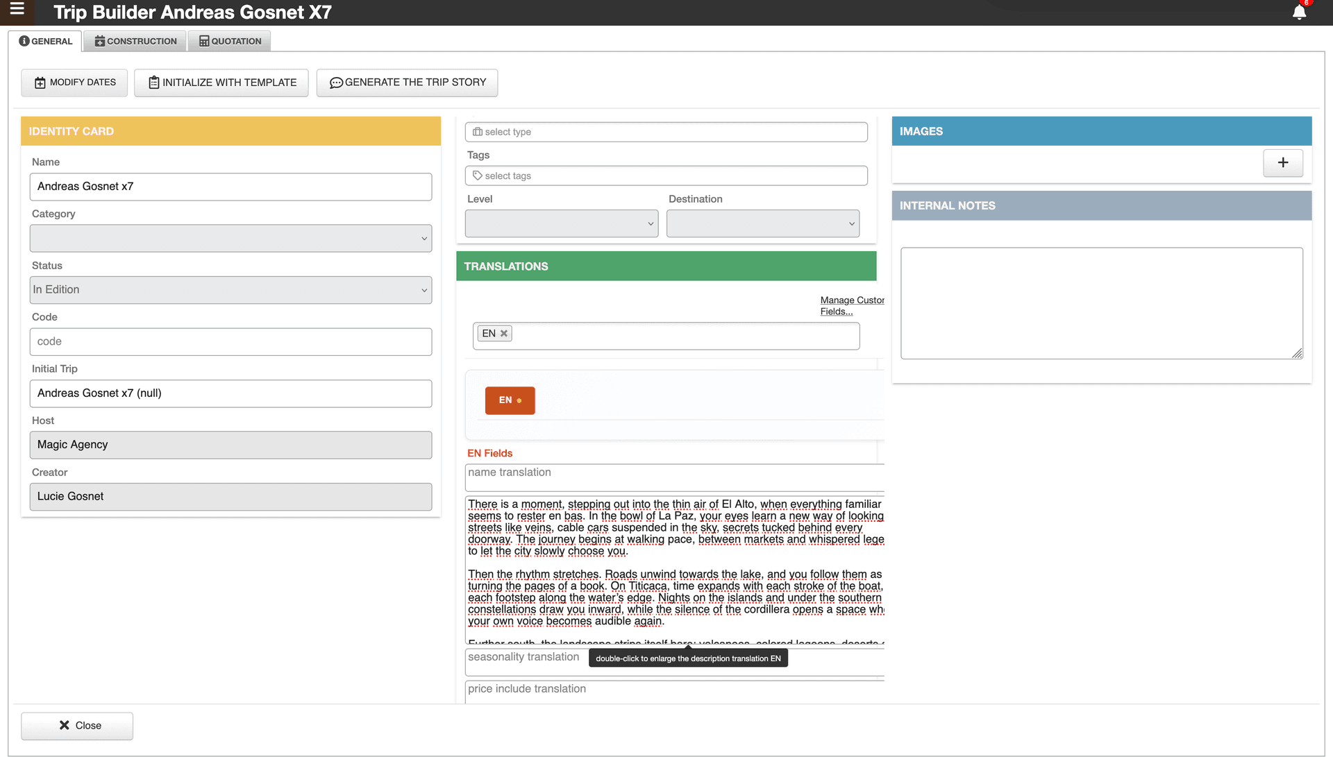 Trip narrative translated into English in TOOGO’s Trip Builder