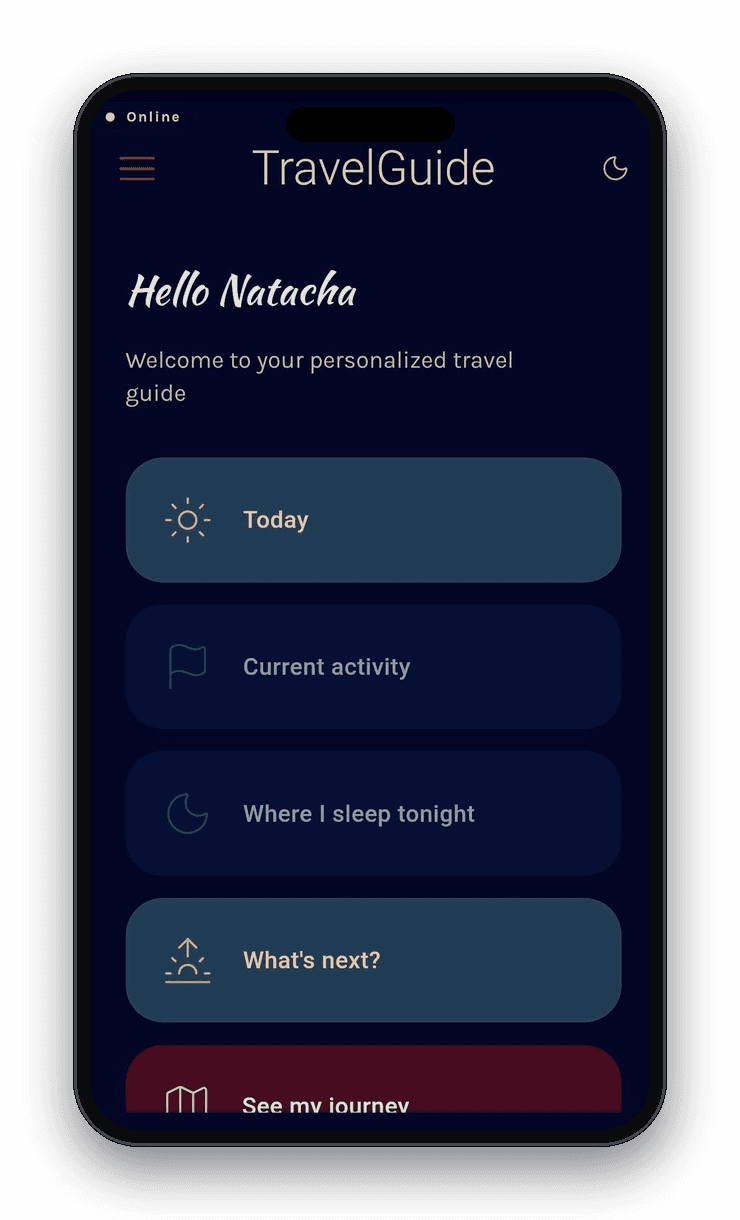 Écran d’accueil de la Travel Guide App : l’itinéraire du jour du voyageur