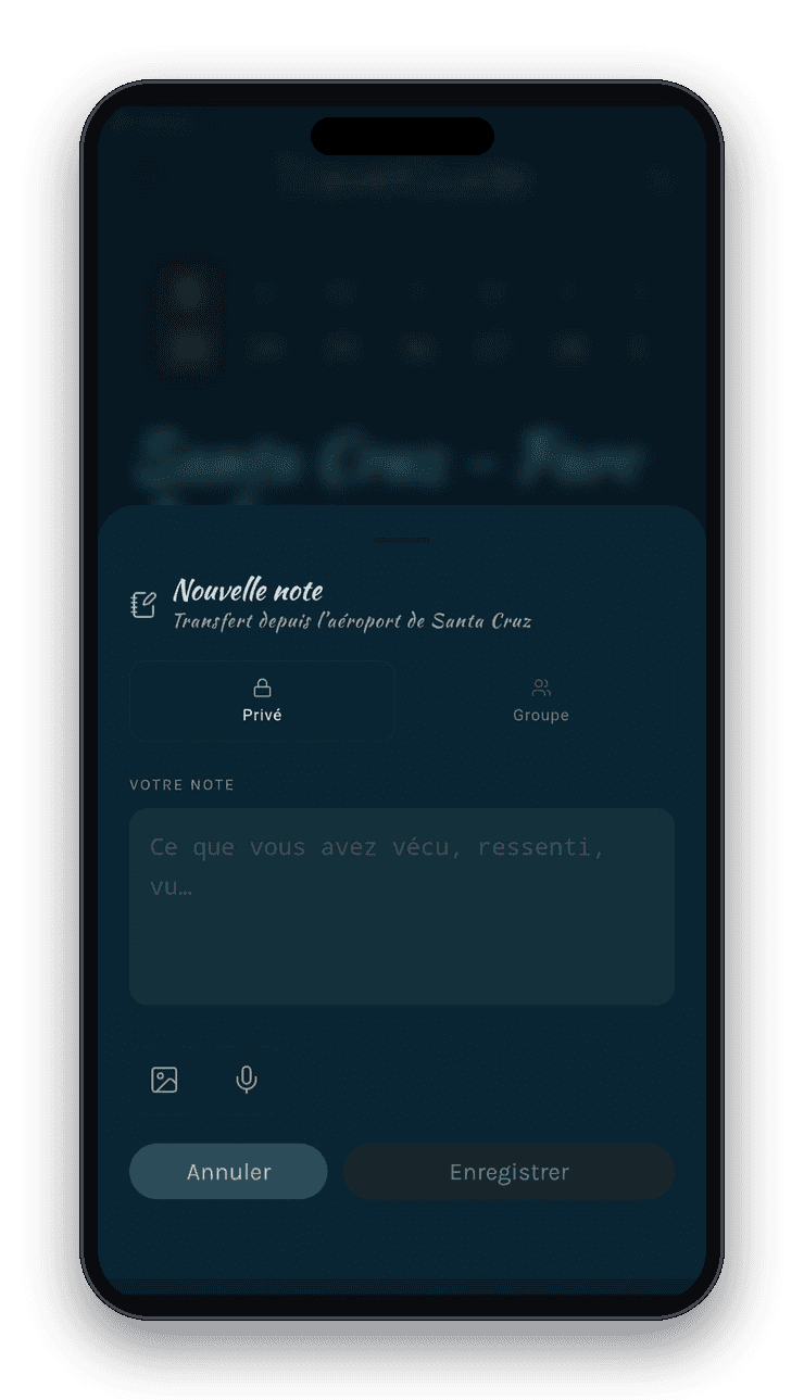 Écran « nouvelle note » de la Travel Guide App : note privée ou partagée, photo et mémo vocal