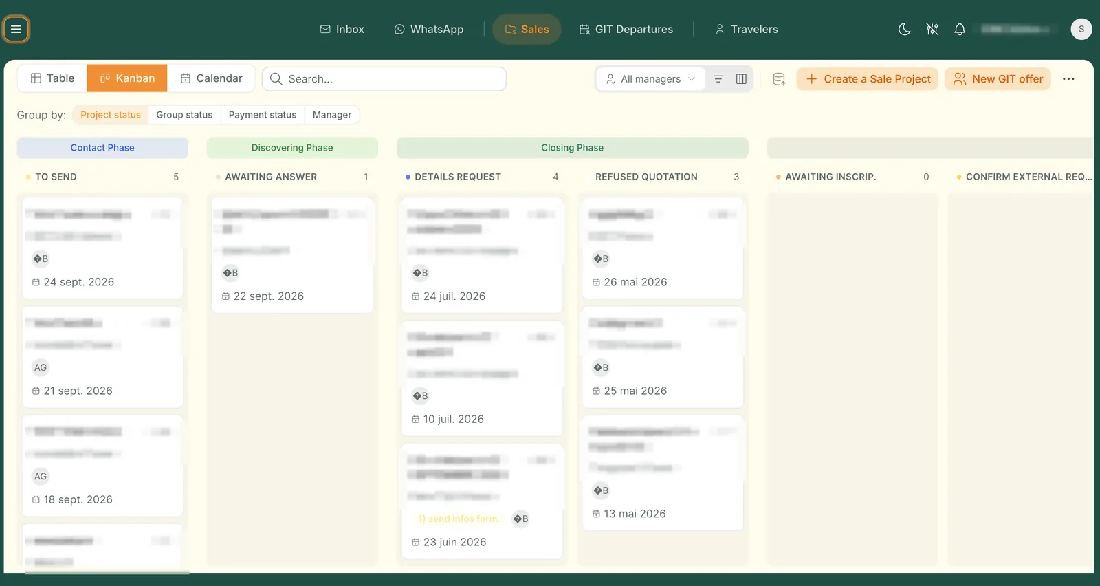 Sales pipeline in Kanban view in TOOGO: files split by phase (Contact, Discovering, Closing) and status.