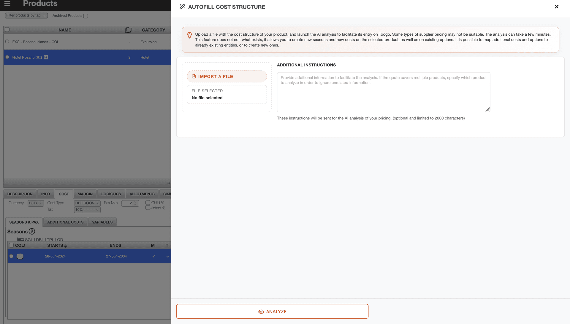 Importing a supplier rate sheet into TOOGO’s cost autofill